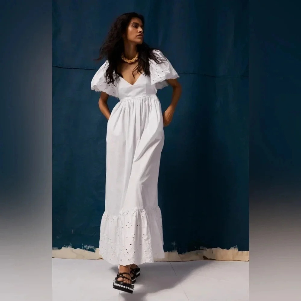 En Saison Eyelet Detail Flutter Sleeve Poplin White Maxi Dress